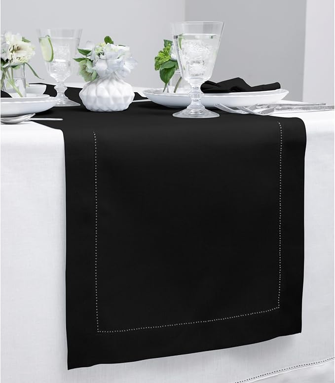 Solino Home Linen Black Table Runner 90 Inches Long - 100% Pure Linen Hemstitch 14 x 90 Inch Table Runner for Dining, Spring, Easter - Classic Hemstitch
