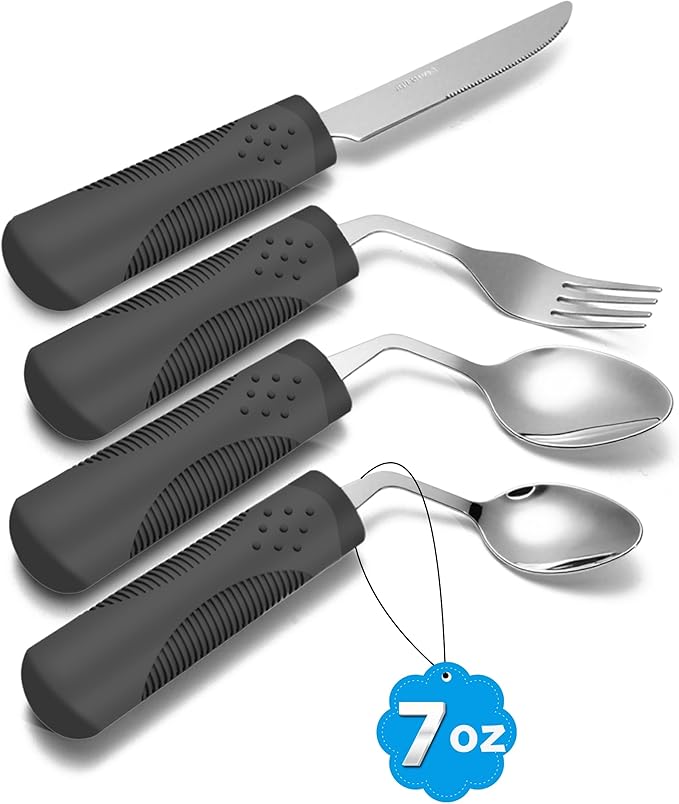Adaptive Utensils (4-Piece Set) Weighted 7 oz - 42° Angled Utensils for Parkinson's Patients, Hand Tremors, Arthritis & Elderly - Eating Utensils for Elderly (Black: Left Handed)