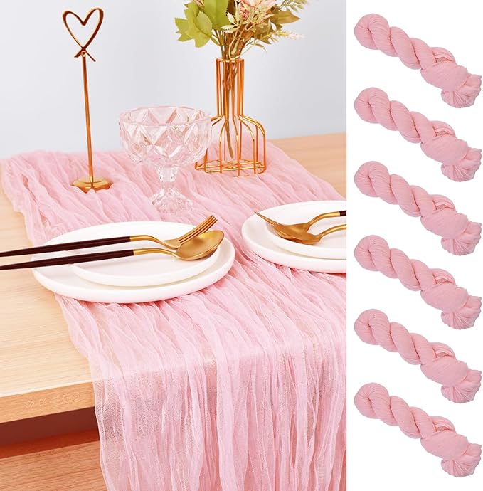 Joanlody Blushing Pink Cheesecloth Table Runner Spring Easter 10Ft Rustic Gauze Boho Cheese Cloth Table Runner for Wedding Bridal Baby Shower Decoration 6 Pack