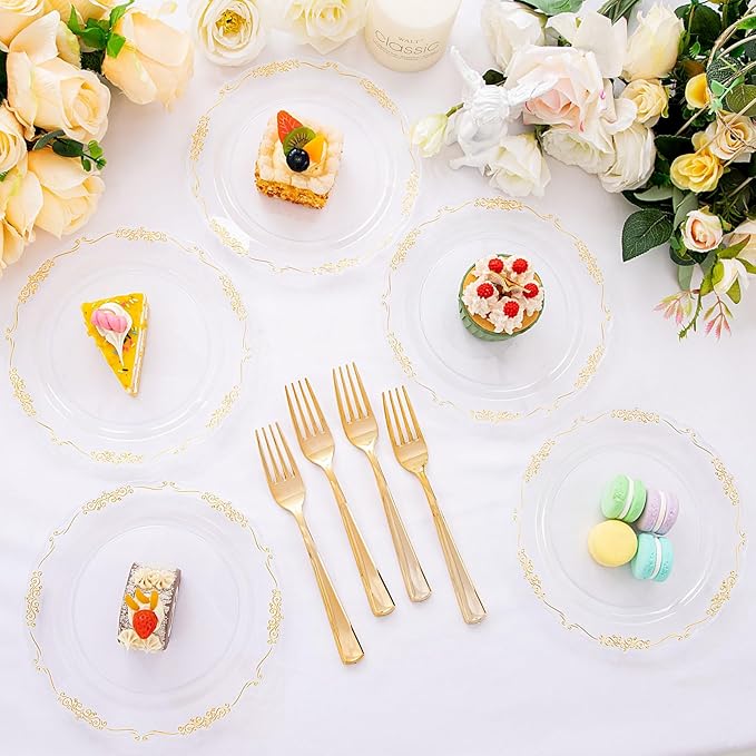DaYammi 60PCS Clear Plastic Plates Heavy Duty Clear Disposable Plates 7.5” Fancy Gold Dessert Platos Small Cake Plates Appetizer Platos Hard Round Plastic Disposable for Wedding and Party