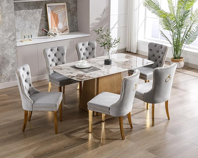 KCC Velvet Dining Chairs Set of 4, Upholstered High-end Tufted Dining Chair with Nailhead Back Ring Pull Trim Stainless Steel Legs, Contemporary Nikki Collection Modern Style for Kitchen, Light Gray