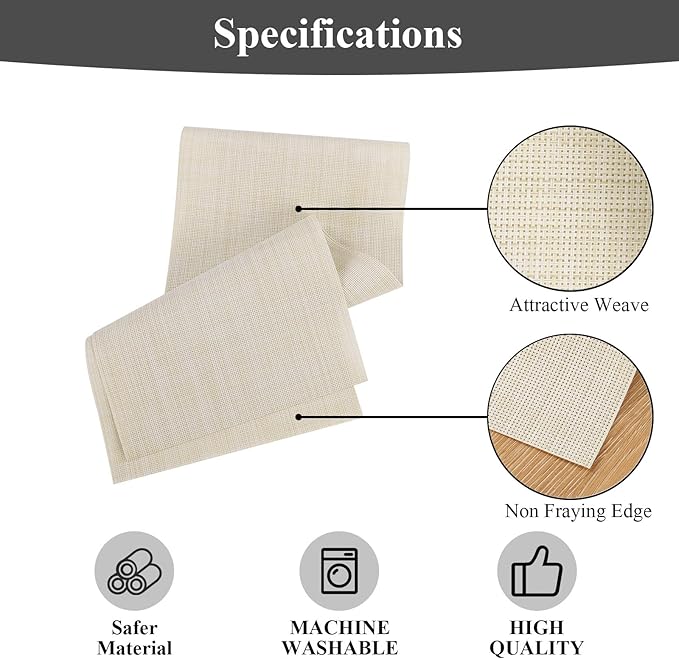 SHACOS Woven Vinyl Table Runner PVC Table Runners 12 x 54 inch Wipeable Plastic Heat Resistant Runner for Table Indoor Outdoor, Beige White