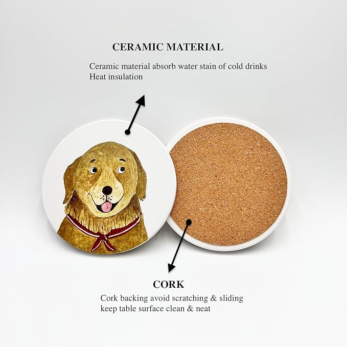 Cute Coasters for Desk Dog Themed Absorbent Ceramic Cup Coasters for Tabletop Protection, Ideal for Various Size Cups Outdoor or Indoor