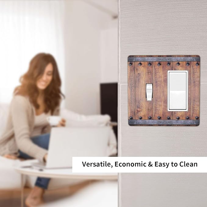 Light Switch Cover Rustic Farmhouse Barn Door Vintage Wood 2 Gang Toggle Rocker Combo Socket Cover Wall Plates Decorative Switch Plates and Outlet Covers for Bathroom Cabin Decor