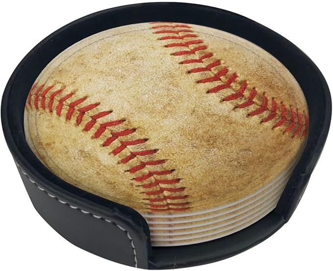 Baseball Coasters for Drinks with Holder Leather Coasters Set of 6 for Coffee Table