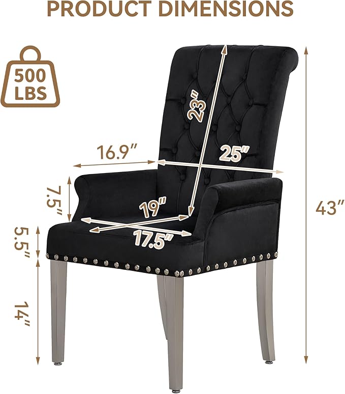 Velvet Dining Chair with Arms, Upholstered Tufted High Back Dining Room Chairs, Accent Armchair with Chrome Leg and Nailhead Trim, Kitchen Dining Living Room, Black