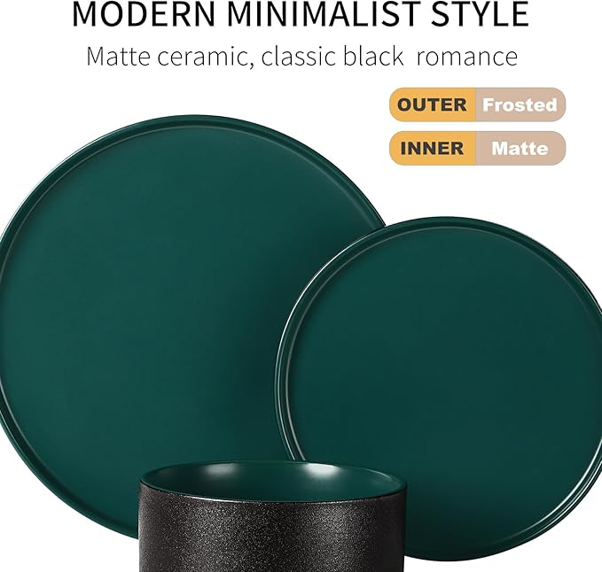 GZG Classic Series - Plates and Bowls Set for 8, 24 Piece Stoneware Dinnerware Sets, Microwave and Dishwasher Safe Lead-Free Handcrafted Ceramic Dishes Set - Malachite Green