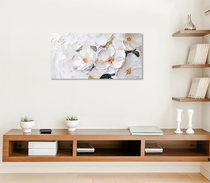 ADJUVANT Wall Art Impressionist Minimalist White Floral 48"L x 24"W, White Flowers With Subtle Tones Canvas Painting Delicate Petals Artwork Floral Wall Decor for Living Room Bedroom Bathroom Home Office