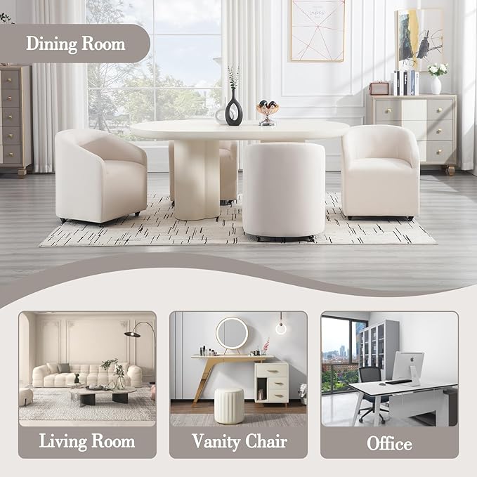 Modern Barrel Dining Chairs with Rolling Casters Set of 6, Upholstered Linen Swivel Dining Room Chairs with Wheels for Kitchen Living Room Home Office, Beige