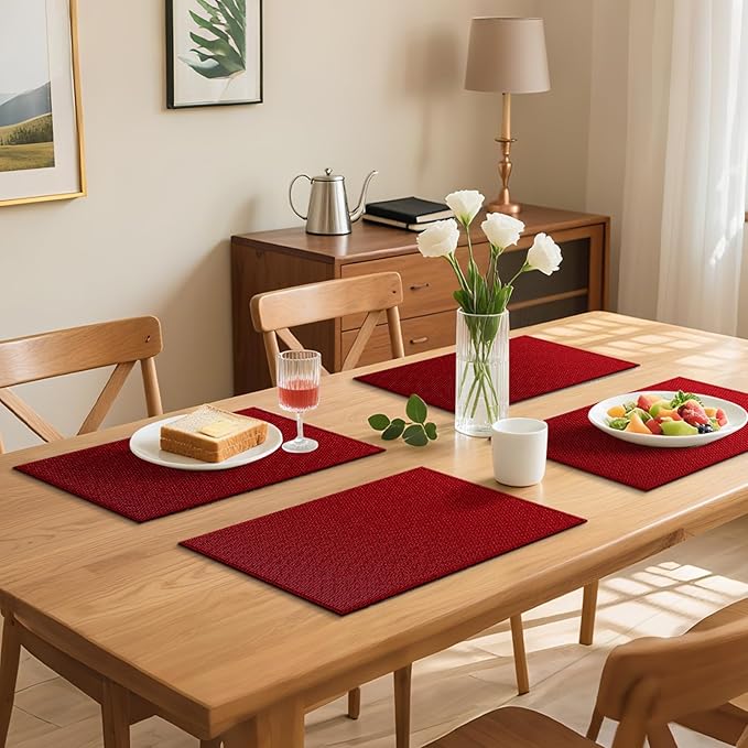 Blue Forest Placemats Set of 6, Dual-Layered Thickened Faux Linen Table Mats Heat Resistant Machine Washable Wrinkle Free Place Mats for Kitchen Dining Outdoor/Indoor (Red)