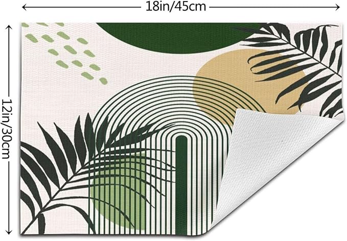 Boho Mid Century Sun Placemats Printed Modern Rainbow Leaves Green Design Washable Place Mats 12x18Inch for Dining Kitchen Farmhouse Decor 6 PCS