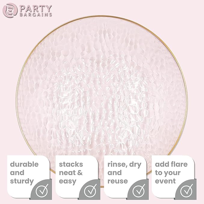 PARTY BARGAINS 13-Inch Charger Plates - 16 Pack, Hammered Pink Gold Rim, Heavy-Duty Disposable Chargers for Elegant Dining - Ideal for Weddings and Formal Events