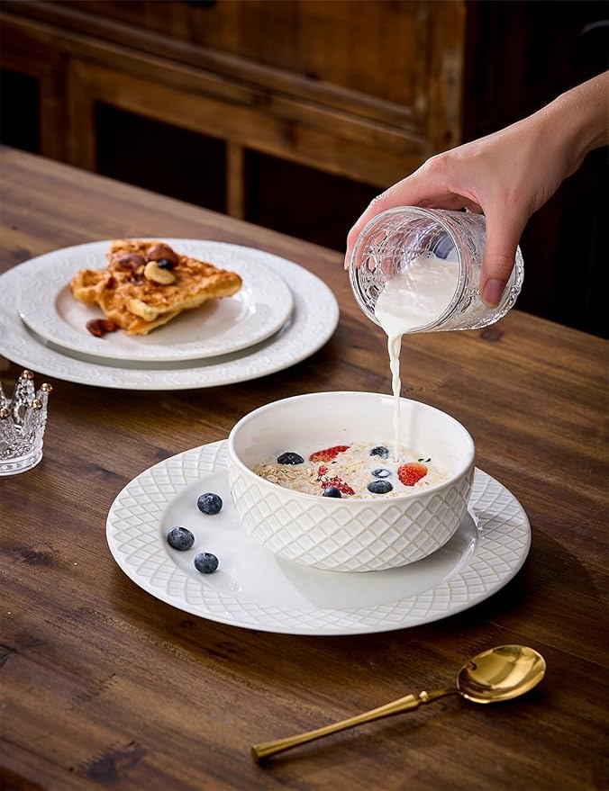 26oz Ceramic Cereal Bowls, Embossed Cereal bowls Set of 4, Large Soup Bowls Wide Anti-Slip Base, Dishwasher & Microwave Safe, 6 inch Stoneware Soup Bowls, Housewarming Gift, Arctic white