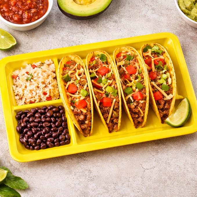 Dependable Industries inc. Essentials Set of 3 Rectangular Taco Holder Plates – BPA-Free Plastic Taco Trays with Dividers, Stackable, Microwave & Dishwasher Safe