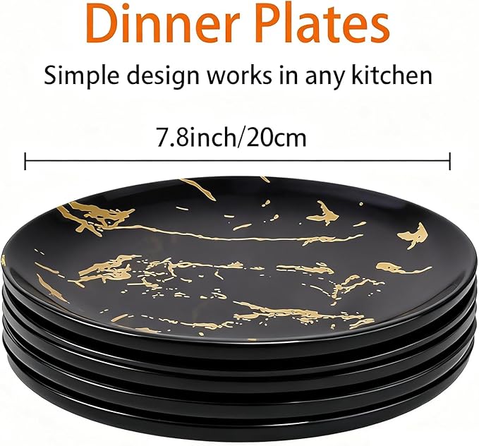 6-Piece Black Marble Ceramic Plates with Gold Rim, 8-Inch Dinner Plates Set, Oven & Microwave Safe, Dishwasher Safe, Elegant Appetizer, Salad, and Dessert Plates for Modern Dining