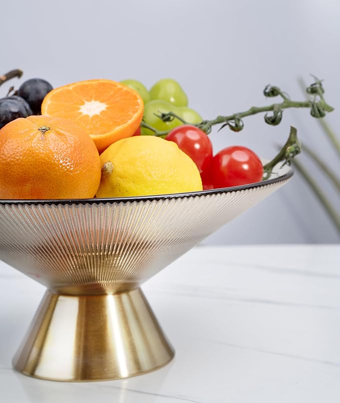 Tapered Glass Decorative Bowl (Coffee Brown), 9.8 Inches Handblown Striped Design Fruit Bowl with Rust-Resistant Metal Base for Home Decor, Table Centerpiece, Kitchen Island and Dining Decor