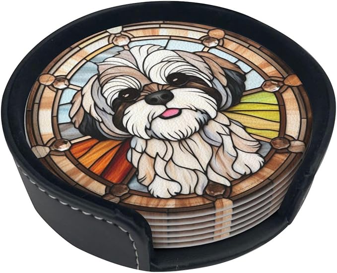 Drink Coaster Set of 6, Shih Tzu Dog Mom Lover Gift,Leather Drink Coasters with Holder,6 Pack Cup/Bar/Drink Coasters for Table/Drinks/Coffee Protection Housewarming Gift