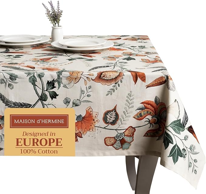 Maison d' Hermine Table Cloth Square Table 100% Cotton 60 x 60 Inches Fall Tablecloth Reusable Everyday Use for Thanksgiving Christmas Decorations Dining Farmhouse Party (Dalida)