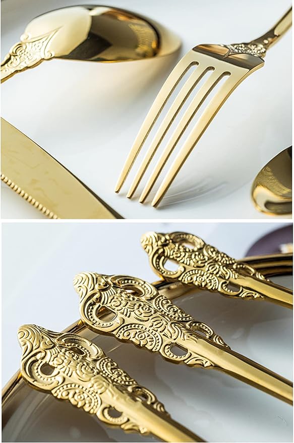 Gold Silverware Set for 16 Premium 18/10 Stainless Steel Flatware Set Palace Style 80 Piece Cutlery Tableware Utensils Embossed Decorative Handle Knives Forks and Spoons for Home Christmas Wedding