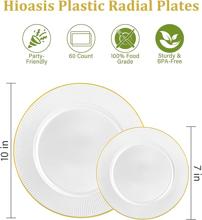 Hioasis 60pcs White and Gold Plastic Plates - White Disposable Dinnerware Set, 30pcs Dinner 10.25in & 30pcs Dessert 7.5in Plates with Striped Designs for Party & Wedding