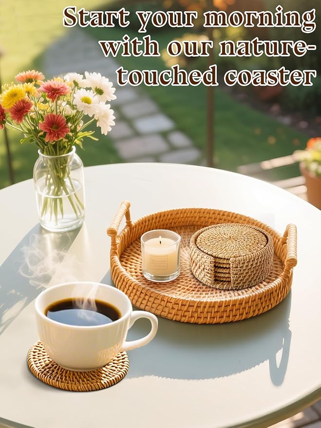 6pcs Natural Handmade Rattan Coasters with Holder - Wicker Drink Coasters Set for Protecting Table, Housewarming Gifts Boho Home Decor