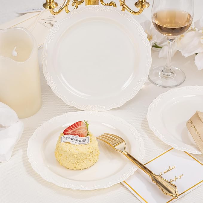 DaYammi 60PCS Ivory Plastic Plates, Party Plates Disposable Heavy Duty Disposable Plates Premium 7.5inch Ivory Dessert Cake Salad Appetizer Plate Hard Plastic Platos Disposable for Party Wedding