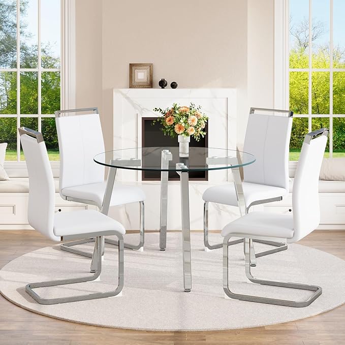 42" Round Glass Dining Table Set for 4,Modern Breakfast Table Set for 4 with Silver Chrome Legs,Space Saving Kitchen Table and White Chairs for Apartment,Easy Assembly