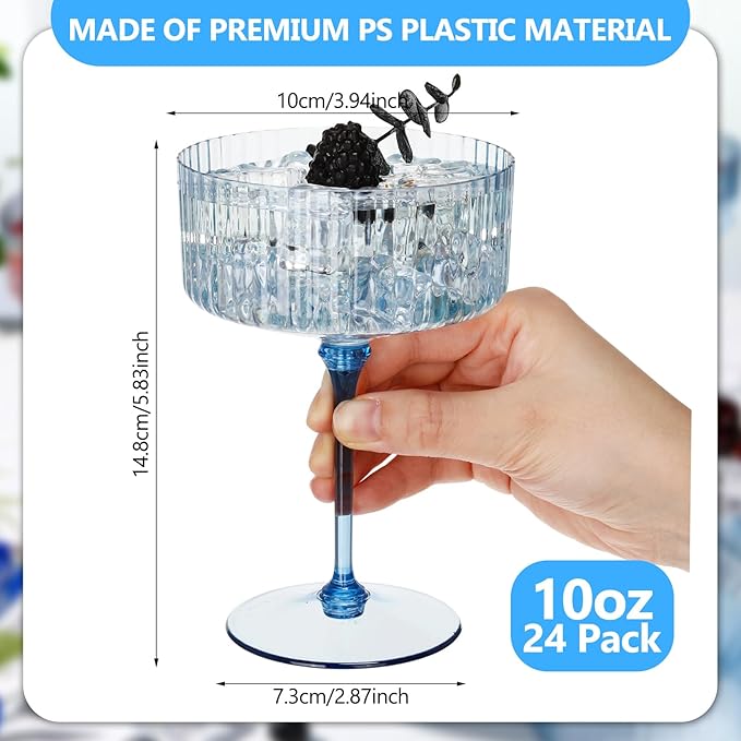24 Pcs Ribbed Martini Glasses 10 oz Disposable Plastic Vintage Ribbed Coupe Glasses Unbreakable Dessert Parfait Glassware for Wedding Birthday Party Supplies (Blue)