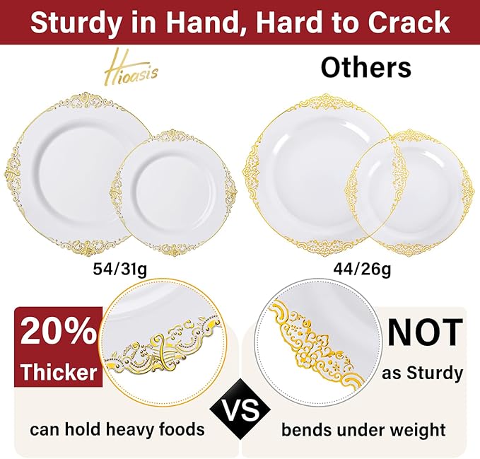 Hioasis 175pcs White and Gold Plates - White Party Plates for 25 Guest, Include 50 Heavy-duty Plates(20% Thicker Than Standard), 25 Cutlery Set, 25 Napkin, 25 Cups