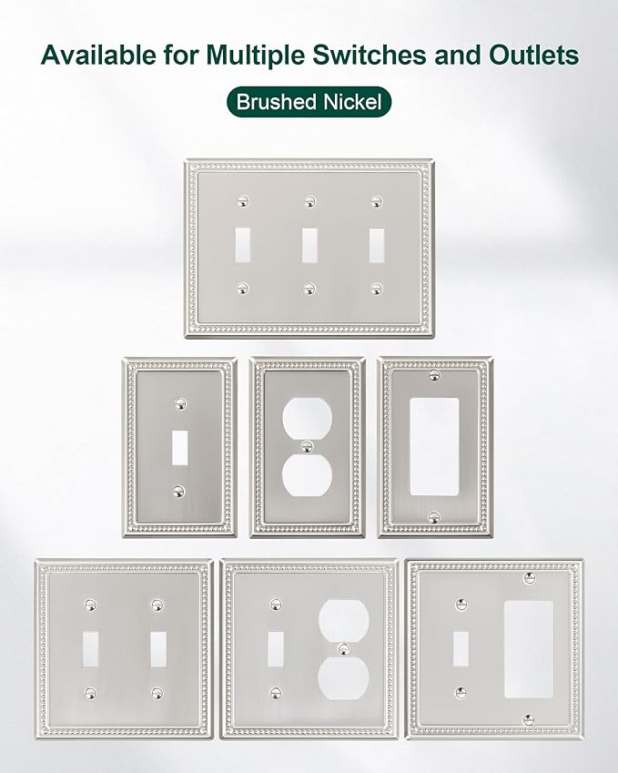2-Pack Combo Toggle/Decorator Light Switch Cover Plate, Pearls Decorative Metal Wall Switch Plates and Outlet Covers, Brushed Nickel