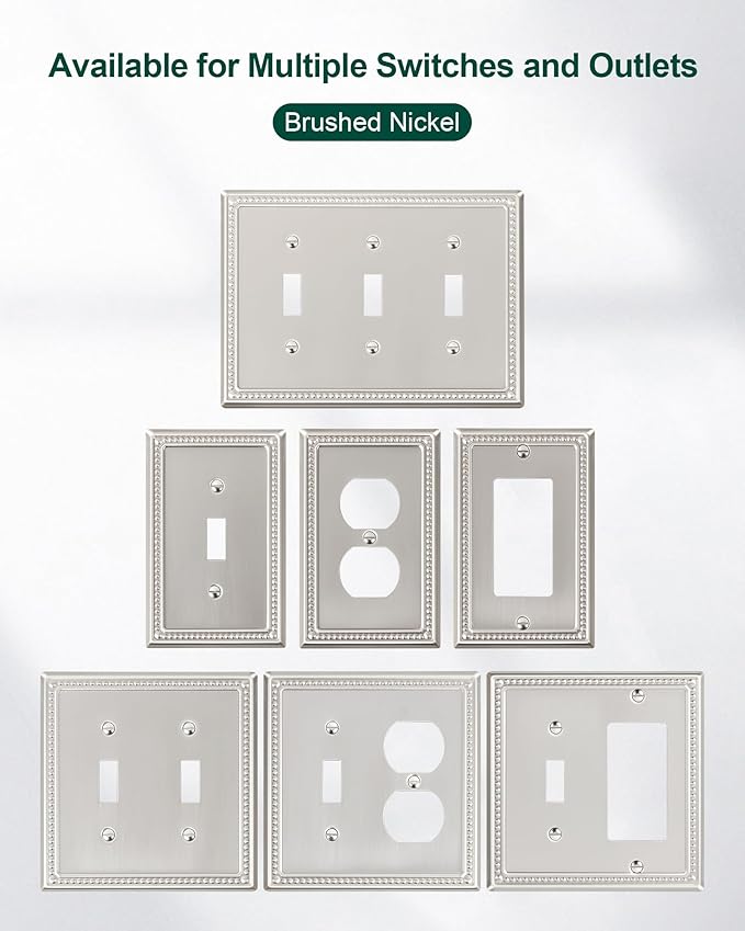 2-Pack Combo Toggle/Duplex Light Switch Cover Plate, Brushed Nickel Metal Wall Outlet Cover, Decorative Classic Beaded Wall Plate