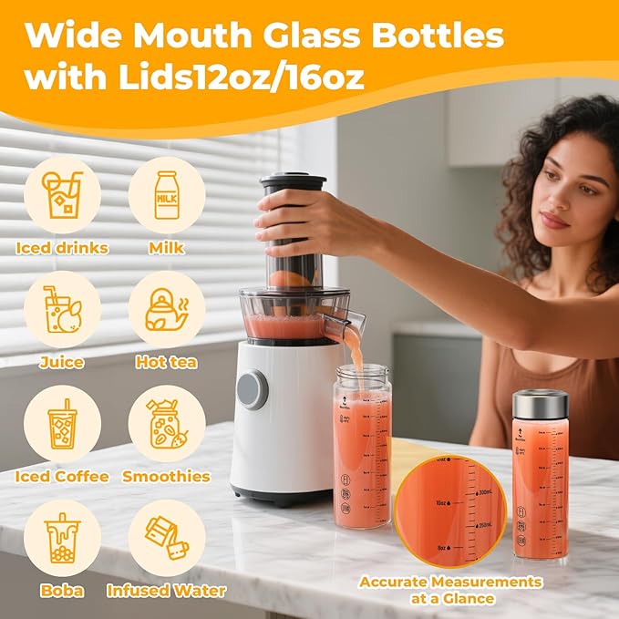 Sursip 12 oz Glass Juice Bottles – 4 Pack Wide Mouth Bottles with Stainless Steel Lids – Leakproof, BPA Free, Heat-Resistant Borosilicate Glass for Juicing, Smoothies, Milk, Protein, Beverage Storage