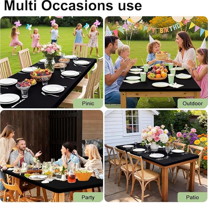 Smiry Rectangle Picnic Table Cloth, Waterproof Elastic Fitted Tablecloths for 4 Foot Tables, Washable Polyester Table Cover for Camping, Indoor and Outdoor (Black, 24"x48")