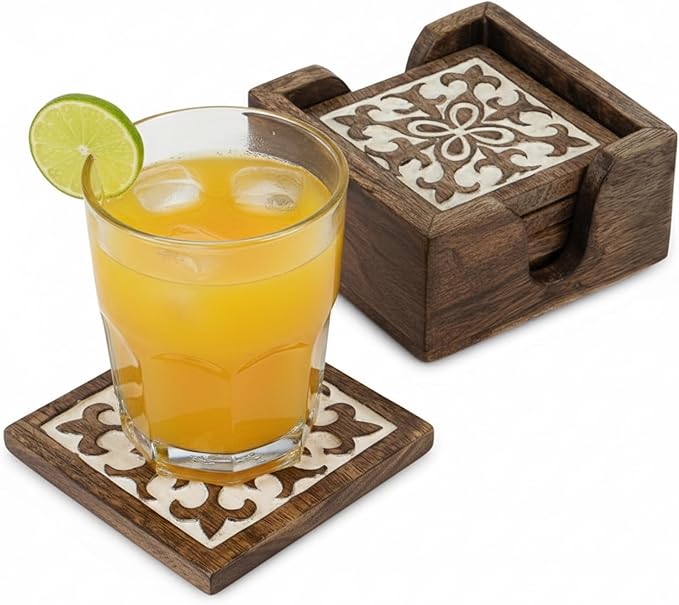 DEVLA Decorative 4 inch Wooden Coaster Set, Hand Carved with White Antique Design, 5 Coasters with Holder, Brown and White Antique