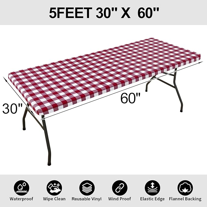 Smiry Rectangle Picnic Table Cloth, Elastic Waterproof Fitted Vinyl Tablecloths, Flannel Backed Buffalo Plaid Table Covers for Dining, Camping, Outdoor (Burgundy and White, 30" x 60")
