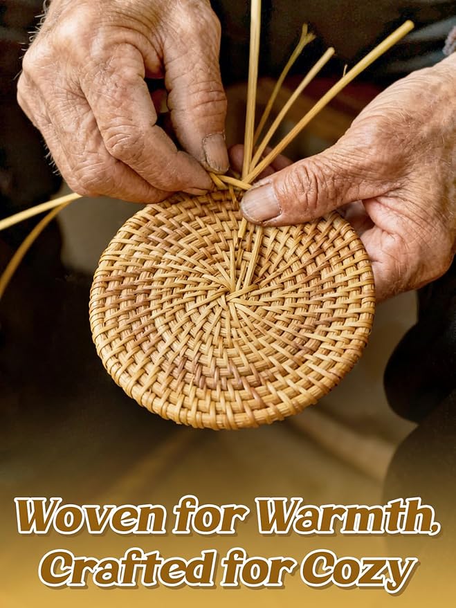 4pcs Natural Handmade Rattan Coasters with Holder - Wicker Drink Coasters Set for Protecting Table, Housewarming Gifts Boho Fall Home Decor