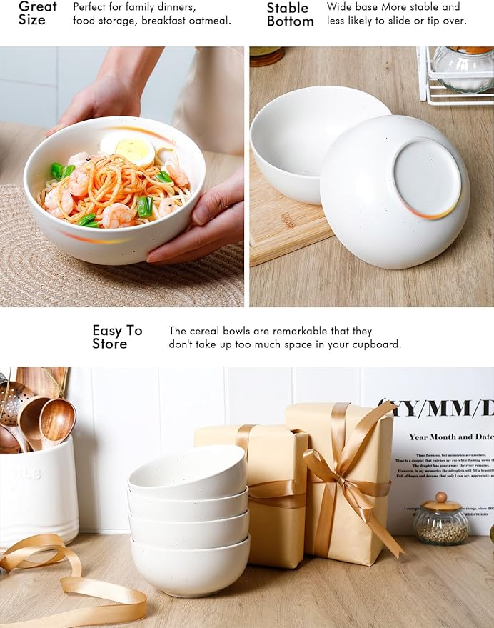 AISBUGUR Cereal Bowl, Ceramic Bowls Set of 4, 26oz Large Soup Bowls for Kitchen Dishwasher & Microwave Safe, Perfect for Cereal, Soup, Oatmeal, Salad, Pasta, Dessert, Rice, Matte White