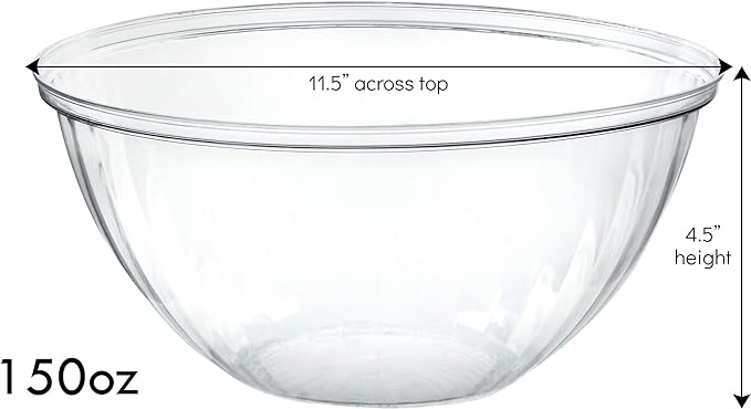 PLASTICPRO Disposable 150 Ounce Round Crystal Clear Plastic Snack & Salad Bowls - Chip Bowl, Candy Dish alternatives, Pack of 4