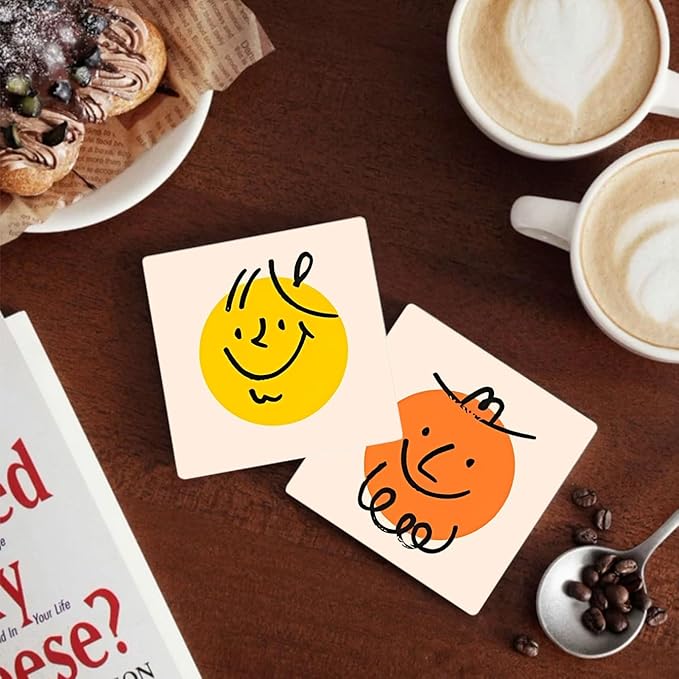 MAYCARI Cartoon Colorful Face Coasters Set of 6 Cork Backed Cute Coasters with Metal Holder Original Ceramic Surface Drink Cup Mats for Tabletop Protection Modern Desk Decoration Birthday Gifts