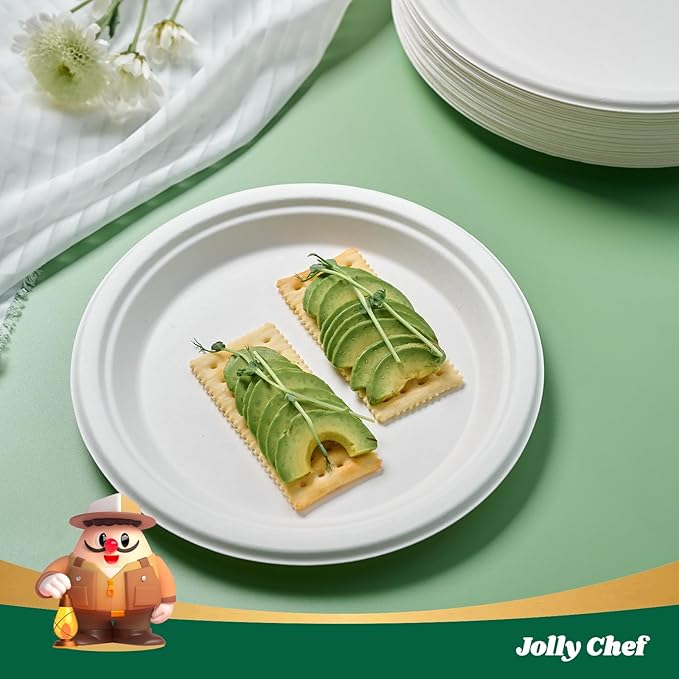 JOLLY CHEF Compostable Heavy Duty Plates 𝟭𝟬 𝗜𝗻𝗰𝗵 [𝟭𝟱𝟬 𝗣𝗮𝗰𝗸] Eco-Friendly Disposable Uncoated Paper Plates Bagasse Biodegradable Bulk for Party Dinner Hot Cold Food Christmas (White)