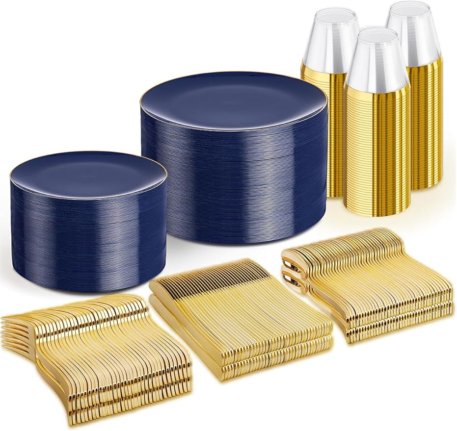 WDF 300PCS Navy Blue Plates Disposable - Blue Plastic Plates 50guest Heavy Duty Plastic Dinnerware Sets for Party/Wedding/Birthday