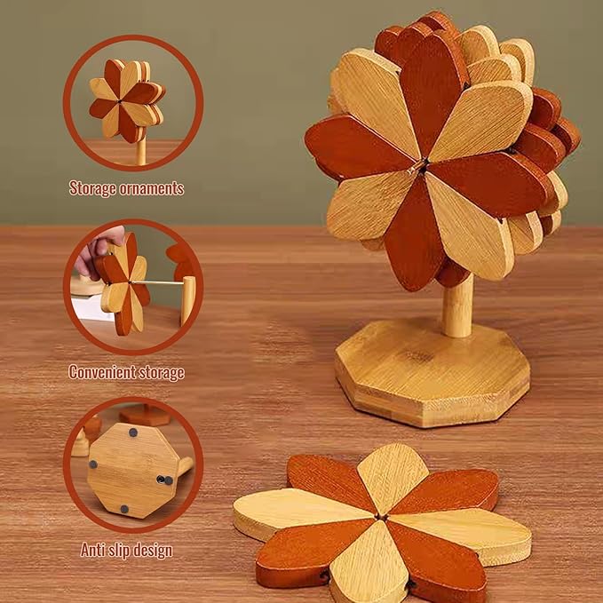 Wooden Placemats - Tree Washer Set, Wooden Pinwheel Coaster Set with Stand for Easy Storage - for Fondue pots, Pans, Bowls, teapots, Warming Trays - Versatile Decorations (Windmill placemats 5 pcs)