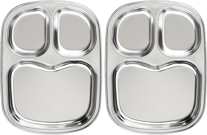 Korean Stainless Steel Divided Plates for Toddlers, Kids, Babies, Premium 304, Electro-Polished, No Black Residue, BPA-Free, 3-Compartment Plate, Food Tray for Camping, Balanced Meals, Set of 2