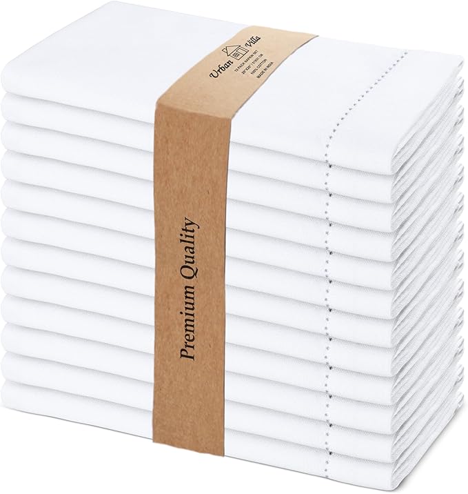 Urban Villa Cloth Napkins White Hemstitch Dinner Napkins Set of 12 (20X20) 100% Cotton Absorbent Washable Durable Reusable Ideal for Hotel Collection Farmhouse Parties Restaurant Lunch Dinner Napkins