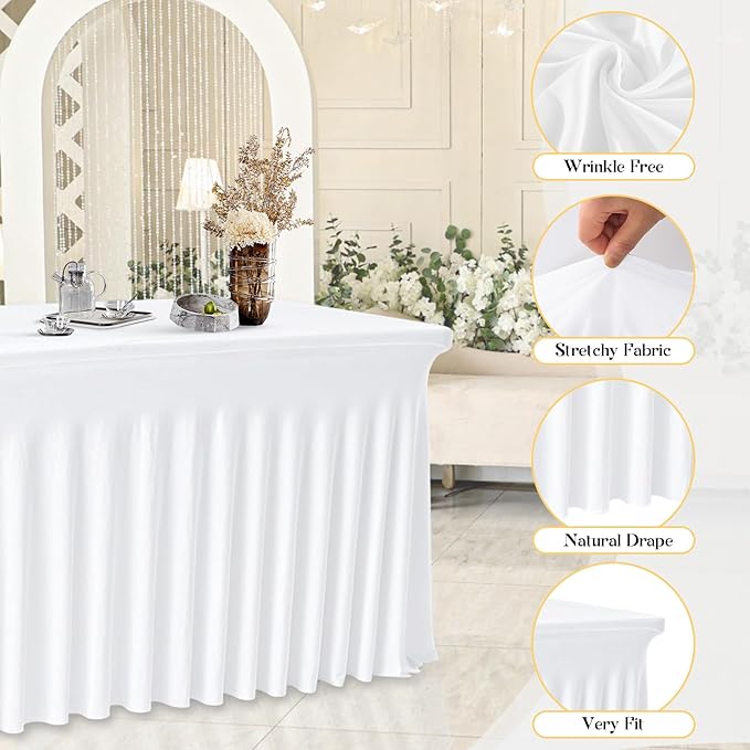 6 Pack White Rectangle Tablecloth 72 Inch with Elastic Skirt - Wrinkle-Resistant Spandex Fitted 6FT Table, Stretchable Table Cover for Wedding Banquet Birthday Party Buffet Restaurant