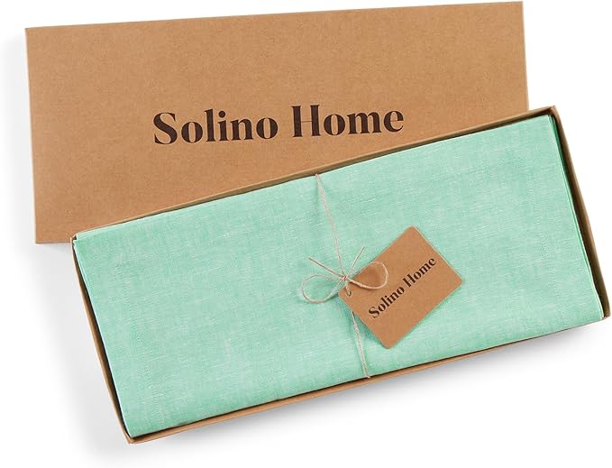 Solino Home Linen Table Runner 48 Inches - 100% Pure Linen Chambray Aqua Table Runner 14 x 48 Inch Ideal for Dresser and Coffee Tables - Athena, Winter, Spring, Easter