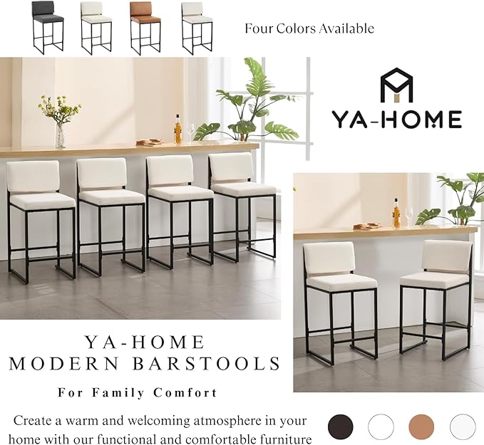 Modern Barstools Set of 4, 26” Upholstered Counter Height Bar Stools Linen Fabric Counter Stools with Padded Back Metal Frame for Kitchen Island Dining Room, Beige