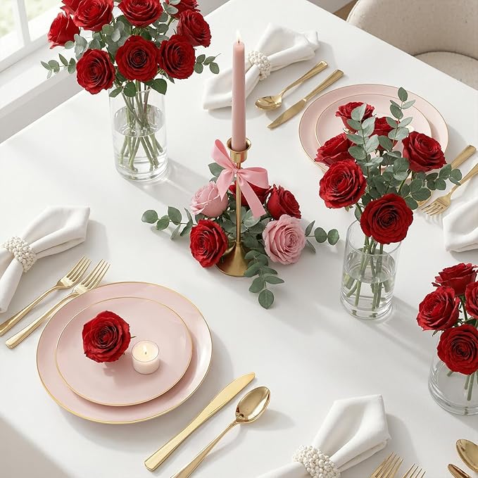 WDF 300Pcs Pink Plates Disposable - Pink and Gold Plastic Dinnerware Set for 50 Guests Include 50 Dinner & Cake Plates, 50 Disposable Cutlery, 50 9oz Cups for Wedding, Party, Valentine's Day
