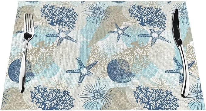 Placemats Set of 4 Aqua Blue Nautical Place Mats Coastal Beach Theme Coral Starfish Woven Table Mats Washable Blue Coral PVC Placemat for Dining Kitchen Decor Indoor Outdoor, 12 x 18 Inch