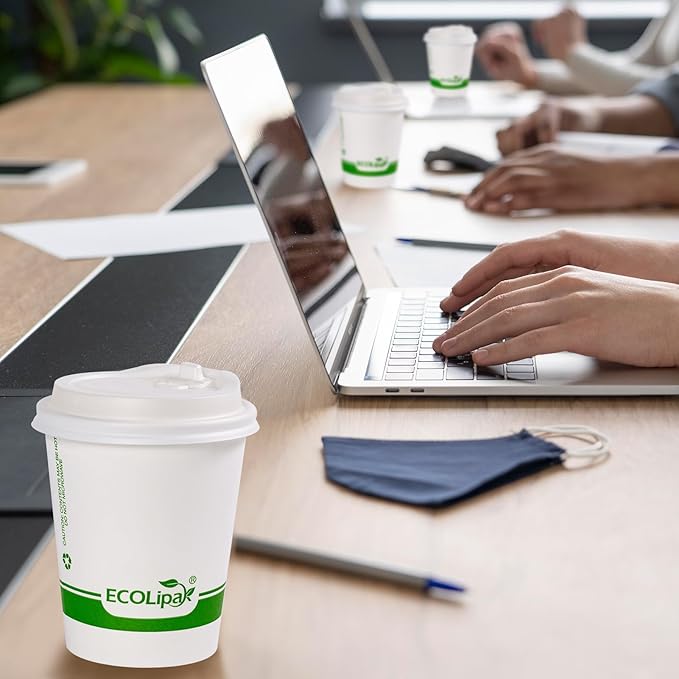 ECOLipak 200 Count 8 oz Compostable Paper Coffee Cups, Biodegradable Disposable Coffee Cups with CPLA Lid, Eco-friendly Hot Drinking Cups for Parties, Picnics, Travels,and Events